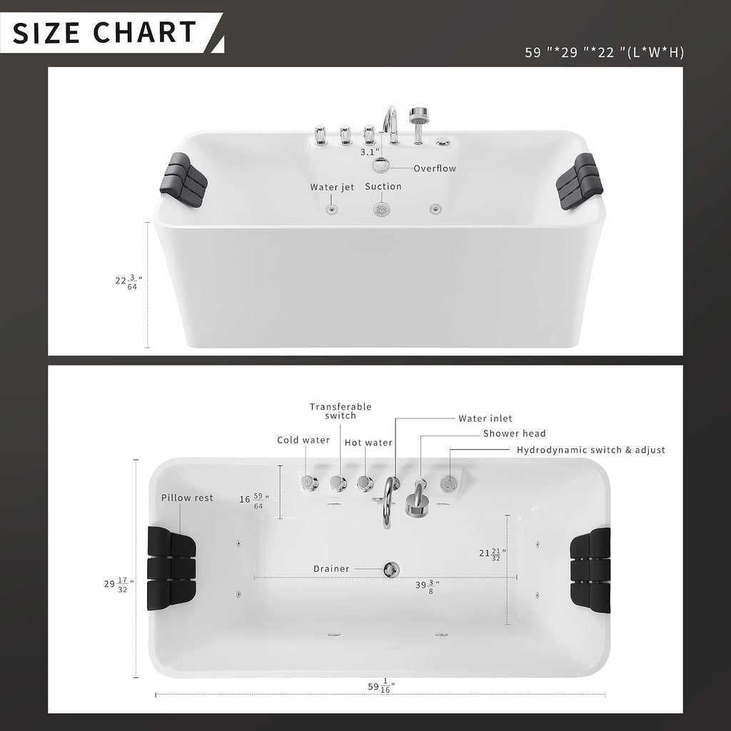 59 in. Acrylic Freestanding Bath Tub Hydromassage Gracefully Rectangle Shaped 8 Water Jets Soaking SPA, Double-Ended Massage Bathtubs with Two Black Pillows , White