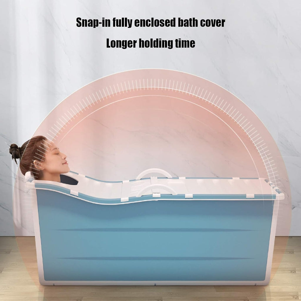 Portable Foldable Bathtub 53In Freestanding Bathtub with Lid & Drain-pipe, Blue Thickened Plastic Collapsible Soaking Bath Tub for Adults, Bearing Capacity 92.48lbs (with Lid)