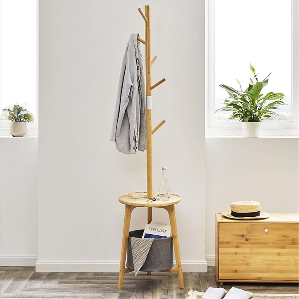 Bamboo Floor Clothing Rack with Storage Shelf, Freestanding Garment Hanger for Bedroom Living Room(Grey)