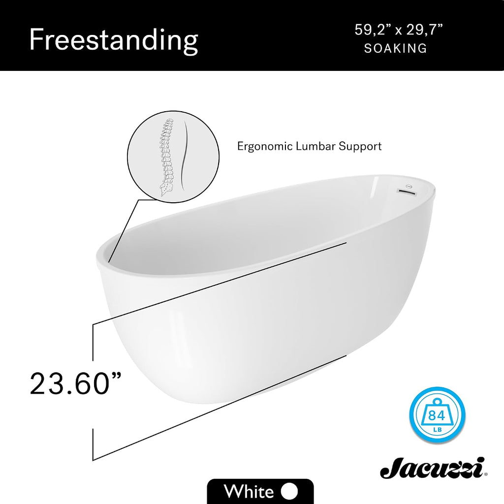 Jacuzzi SIGNATURE Oval Freestanding Acrylic Soaking Bathtub, 59.2' (L) x 29.7' (W) x 23.6' (H), Matte Black Tub Filler & Hand Shower, Universal Drain, Contemporary Style for Homes & Businesses, White