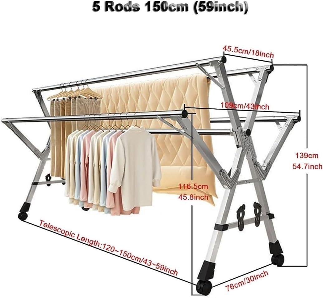 Laundry Drying Rack Floor Folding Indoor Adjustable Clothes Drying Rack Collapsible Laundry Heavy Duty Space-Saving Garment Balcony Bedroom(150cm)