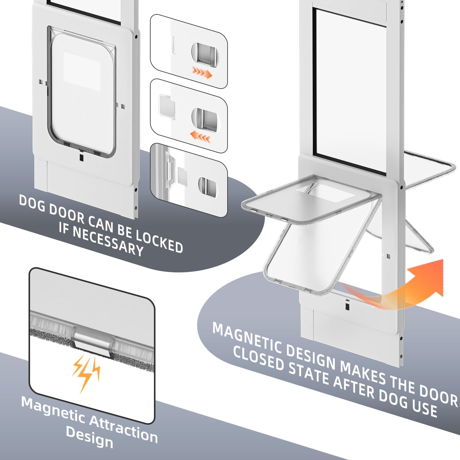 Dog Door for Sliding Glass Door with Magnetic Plastic Flat, Sliding Door Pet Doggie Door Insert with Lock, Adjustable Height No-Cut Required Doggy Door Access Renters, Apartments, Patio (White, L)