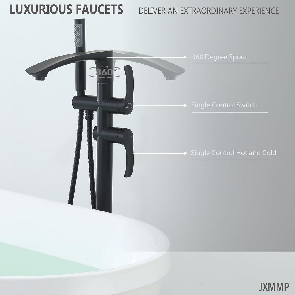 Freestanding Bathtub Faucets, Matte Black Stainless Steel Floor Mount Tub Filler with 360 Swivel Spout and Handheld Shower, High Flow Bathtub Faucet Set JXM-F001BK