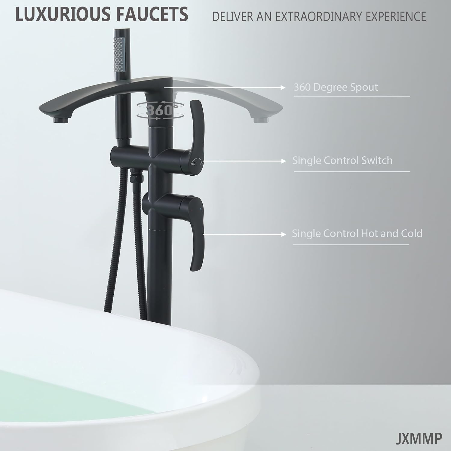 Freestanding Bathtub Faucets, Matte Black Stainless Steel Floor Mount Tub Filler with 360 Swivel Spout and Handheld Shower, High Flow Bathtub Faucet Set JXM-F001BK