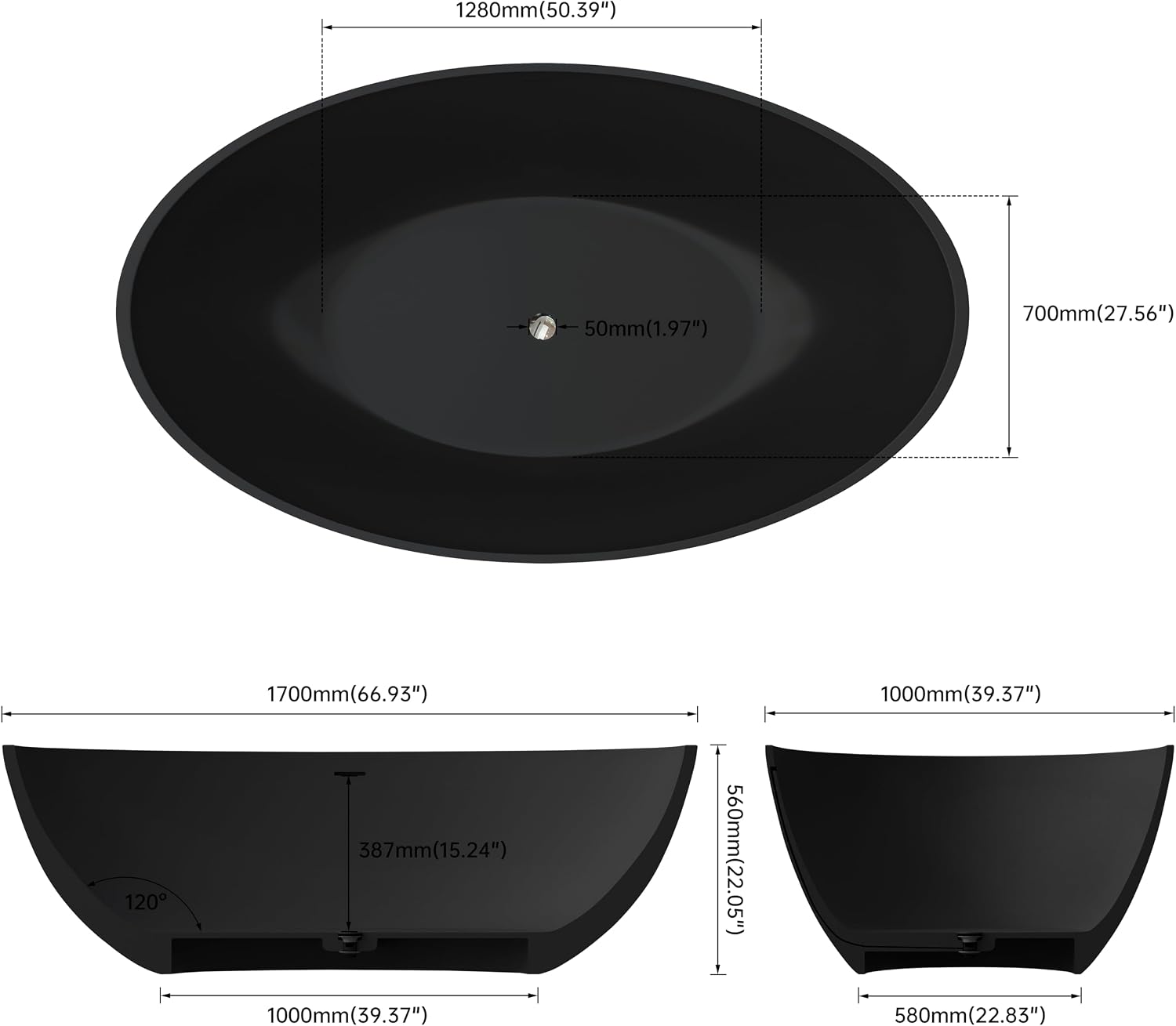 Oval 67' Freestanding Tub, Solid Surface Bathtub Matte Black | Stone Resin, Overflow and Pop up Drain, Solid Surface Bathroom Soaking Tub, Cupc Certified, Contemporary