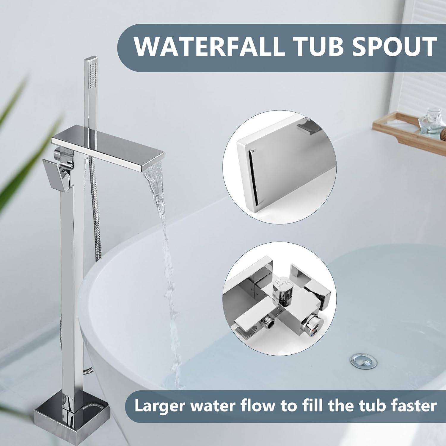 Aolemi Freestanding Bathtub Faucet Floor Mount Tub Filler with Handheld Spray Single Handle Free Standing Bathroom Faucets Swivel Flat Waterfall Spout Polish Chrome