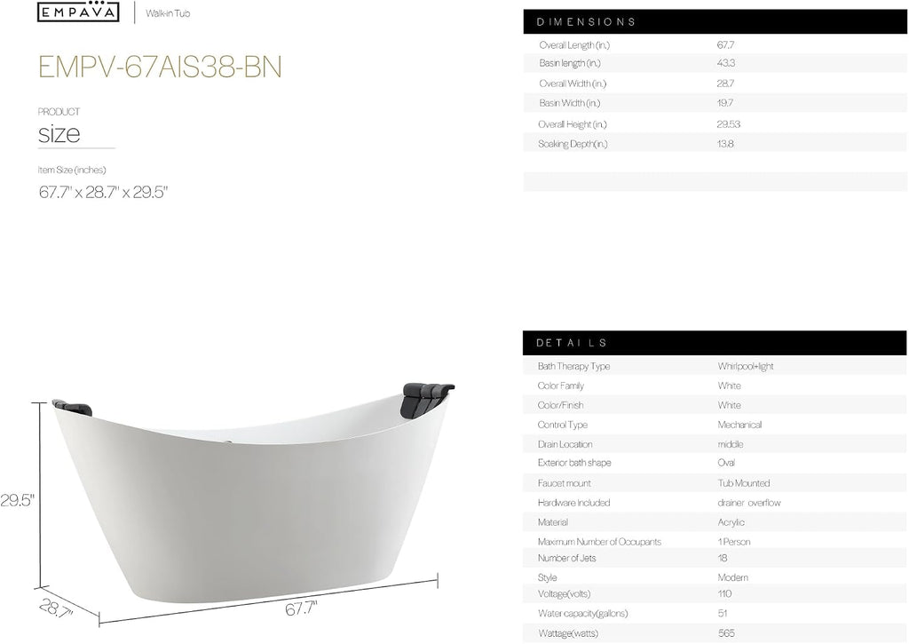 Empava Upgrade Acrylic Whirlpool Bathtub, 67-Inch Freestanding Boat Shaped Jetted Bathtub with Healing Chromotherapy, 18 Hydromassage Jet, Double-Ended Massage Bathtub with Two Black Pillows