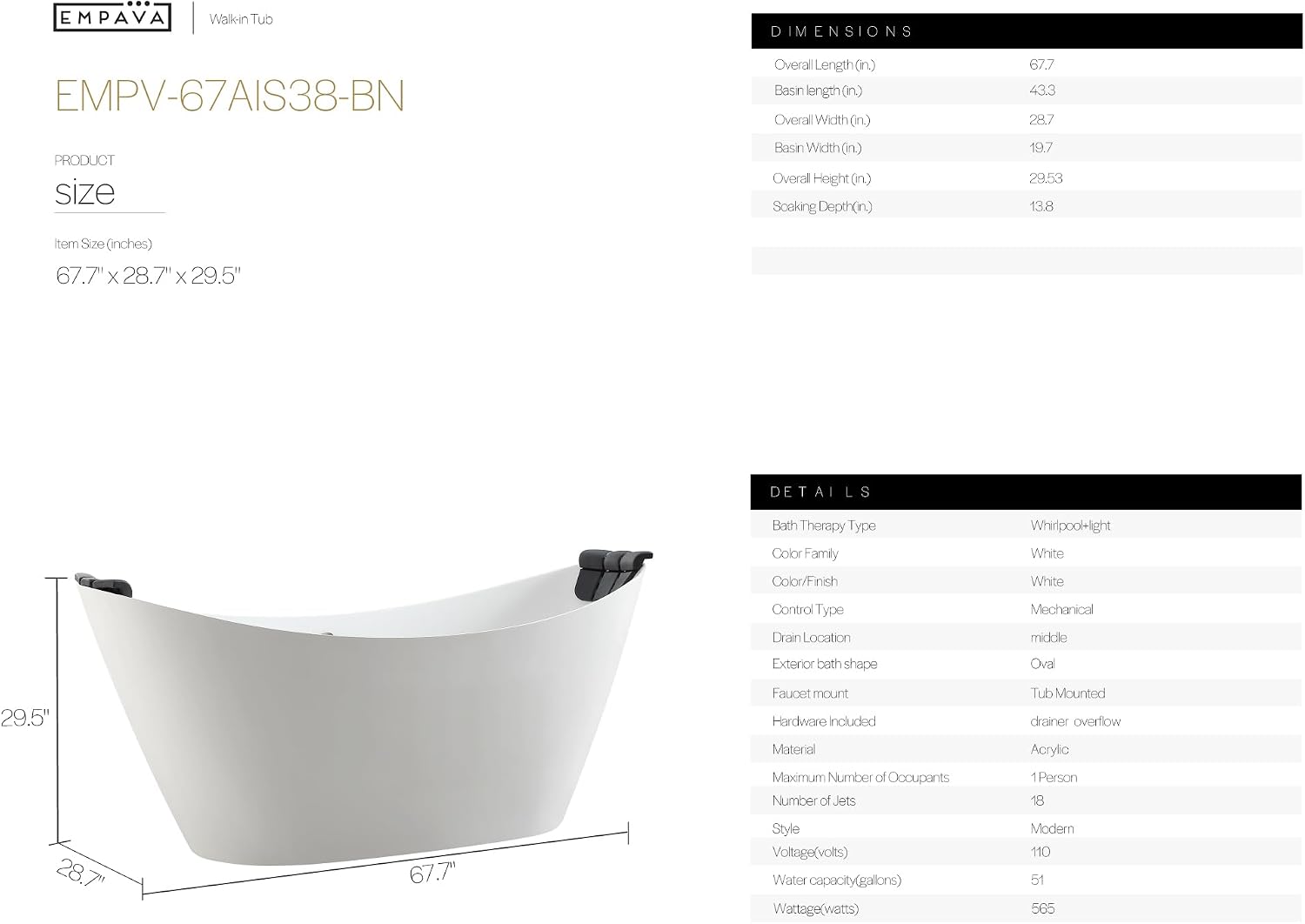 Empava Upgrade Acrylic Whirlpool Bathtub, 67-Inch Freestanding Boat Shaped Jetted Bathtub with Healing Chromotherapy, 18 Hydromassage Jet, Double-Ended Massage Bathtub with Two Black Pillows