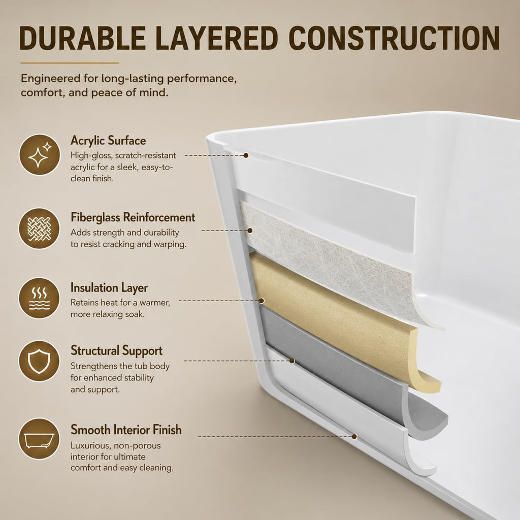 GarveeLife 49' Acrylic Freestanding Soaking Bathtub, Deep Ergonomic Design,cUPC Certified Bath Tub, Double-Walled Insulation, Matte Drain & Overflow, Easy Install, Modern Bathroom Tub, All White