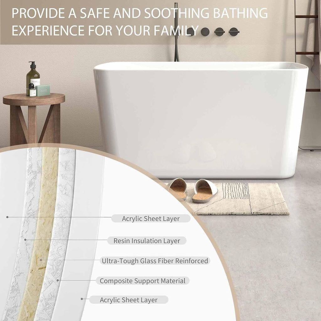 49' Rectangular Freestanding Soaking Bathtub with Chrome Overflow and Drain, Acrylic Stand Alone Tub with Seat, Japanese Soaking Tub for Bathroom, R-Corner Design, Ergonomic (White+Seat, 49')