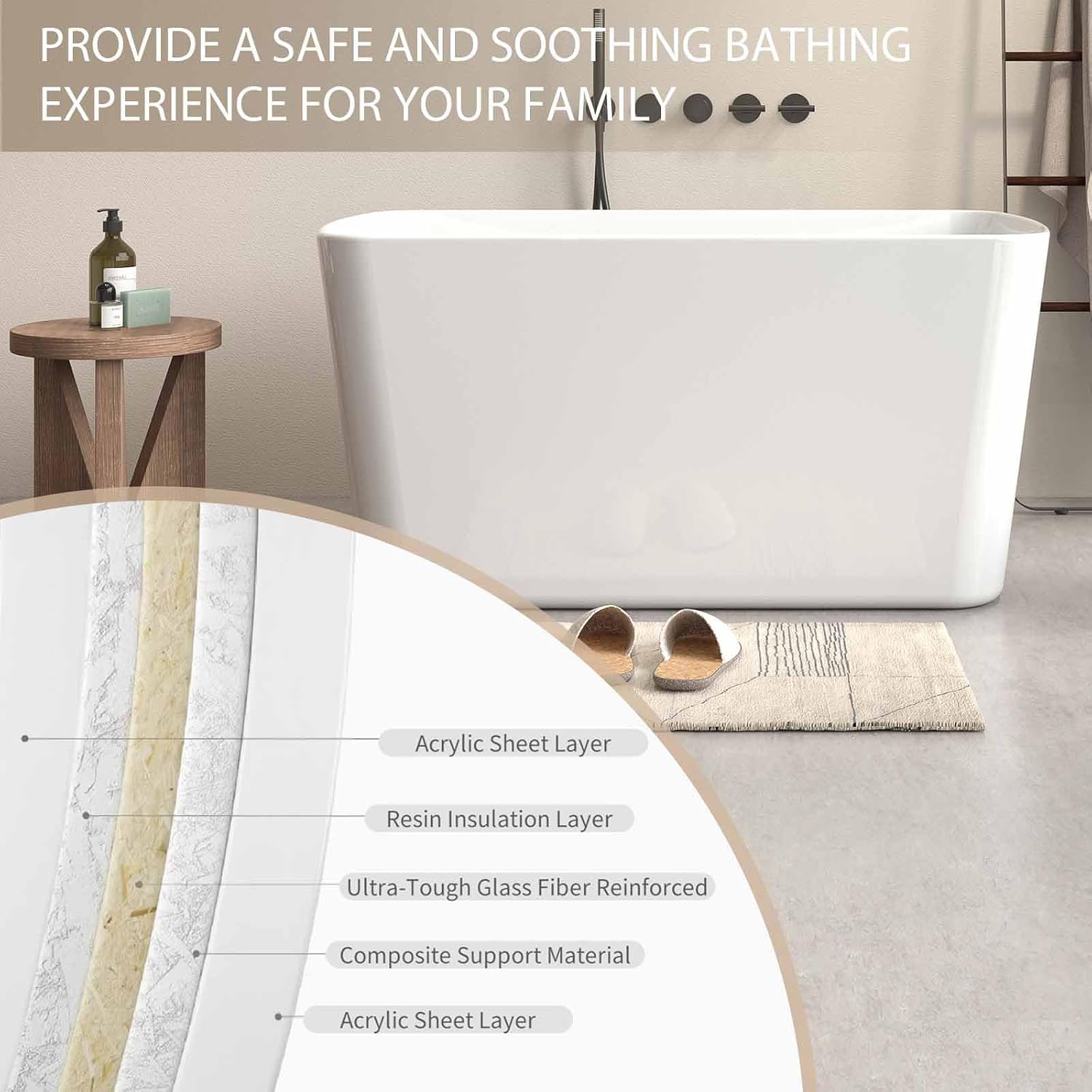 49' Rectangular Freestanding Soaking Bathtub with Chrome Overflow and Drain, Acrylic Stand Alone Tub with Seat, Japanese Soaking Tub for Bathroom, R-Corner Design, Ergonomic (White+Seat, 49')