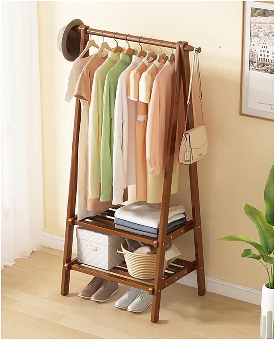 Coat Rack Stand With Shoe Storage Shelf Standing Height Adjustable Garment Rack For Hats Coats And Clothes Solid Wood Bamboo Metal Tree Design Easy Assembly And Collapsible Option,Brown 66*41*154Cm