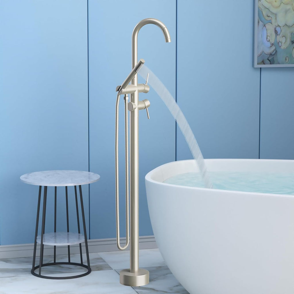 Freestanding Bathtub Faucet,Tub Filler Floor Mount Stand Bathtub Faucet Brass Bathroom Tub Faucets with 2 Function Hand Shower Wand Swivel Brushed Nickel