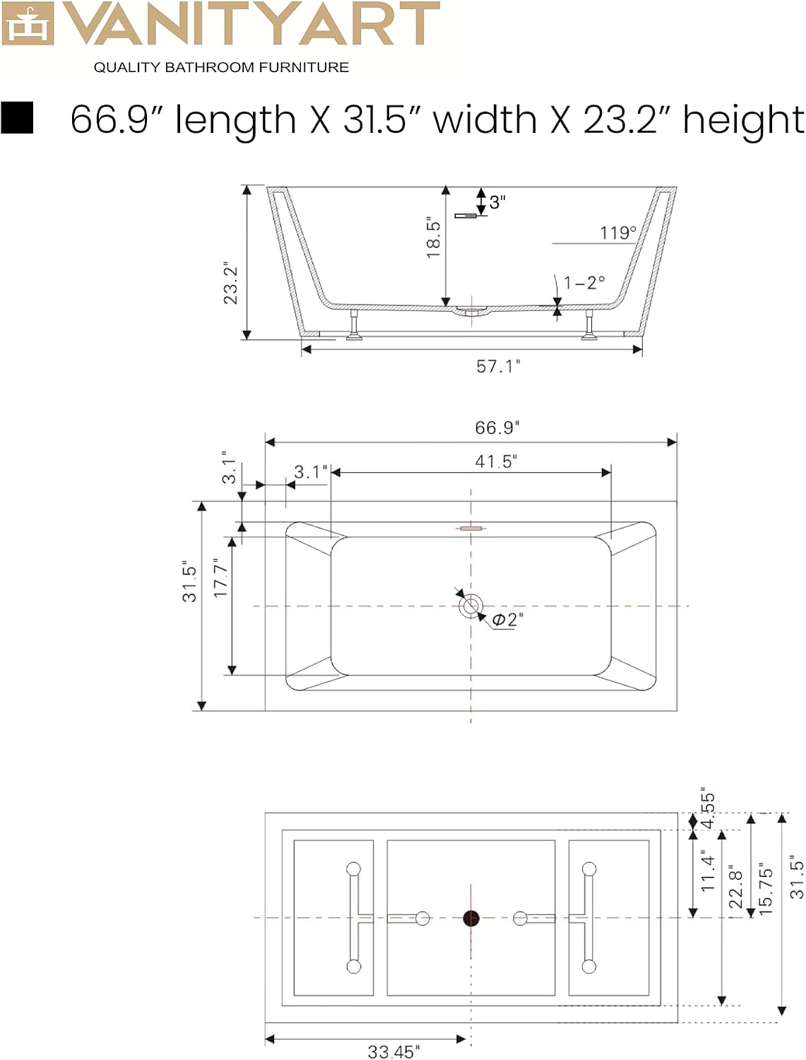Vanity Art 67 X 31 Inch White Acrylic Freestanding Bathtub | Contemporary Design Soaking Tub with Pop-up Drain and Slotted Overflow Included, UPC Certified VA6814-L