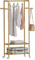 Heavy duty Garment rack Rolling Clothing Rack, Space-Saving Clothes Rack On Wheels, Portable Hanging Storage Organizer With 2 Shelves And 4 Hooks, 3-in-1 Metal Coat Rack For Bedroom (Gold 75X30X162CM