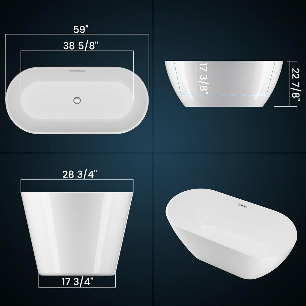 59' Acrylic Freestanding Bathtub, Modern Deep Soaking Tub, cUPC Certified Free Standing Tub, Chrome Drain/Overflow, White Acrylic, Flora White