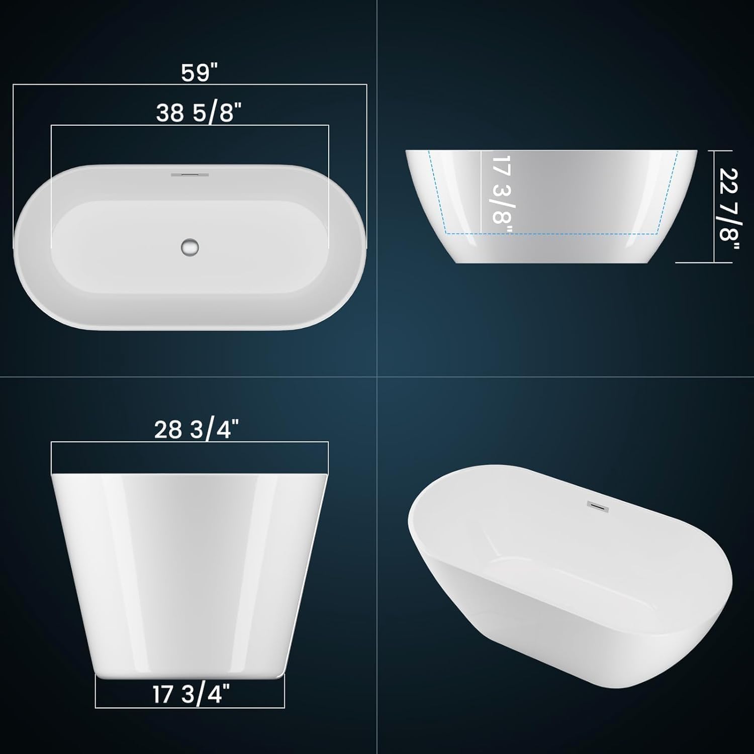 59' Acrylic Freestanding Bathtub, Modern Deep Soaking Tub, cUPC Certified Free Standing Tub, Chrome Drain/Overflow, White Acrylic, Flora White