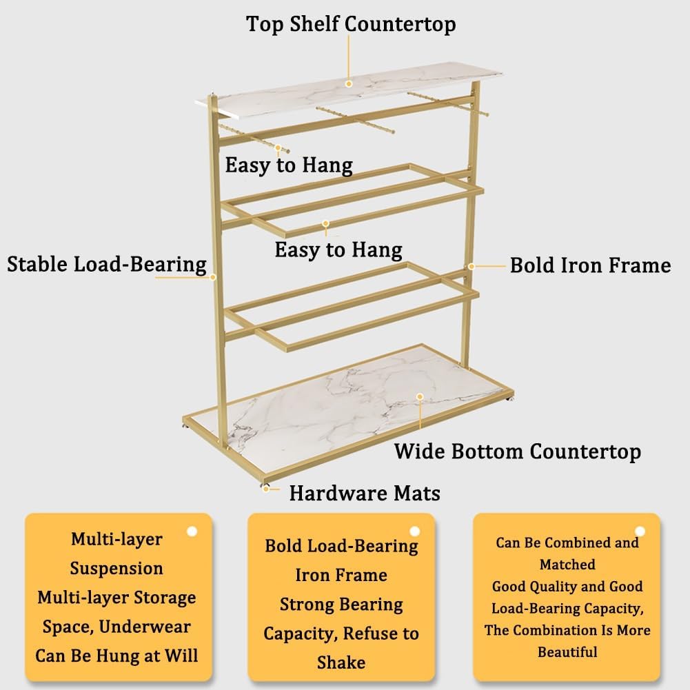 WIGING Retail Clothing Store Garment Rack, Freestanding Metal Underwear Rack, Bra Shorts Swimwear Storage Shelf for Farmers Markets, Boutiques (Color : Gold, Size : 60x40x135cm)