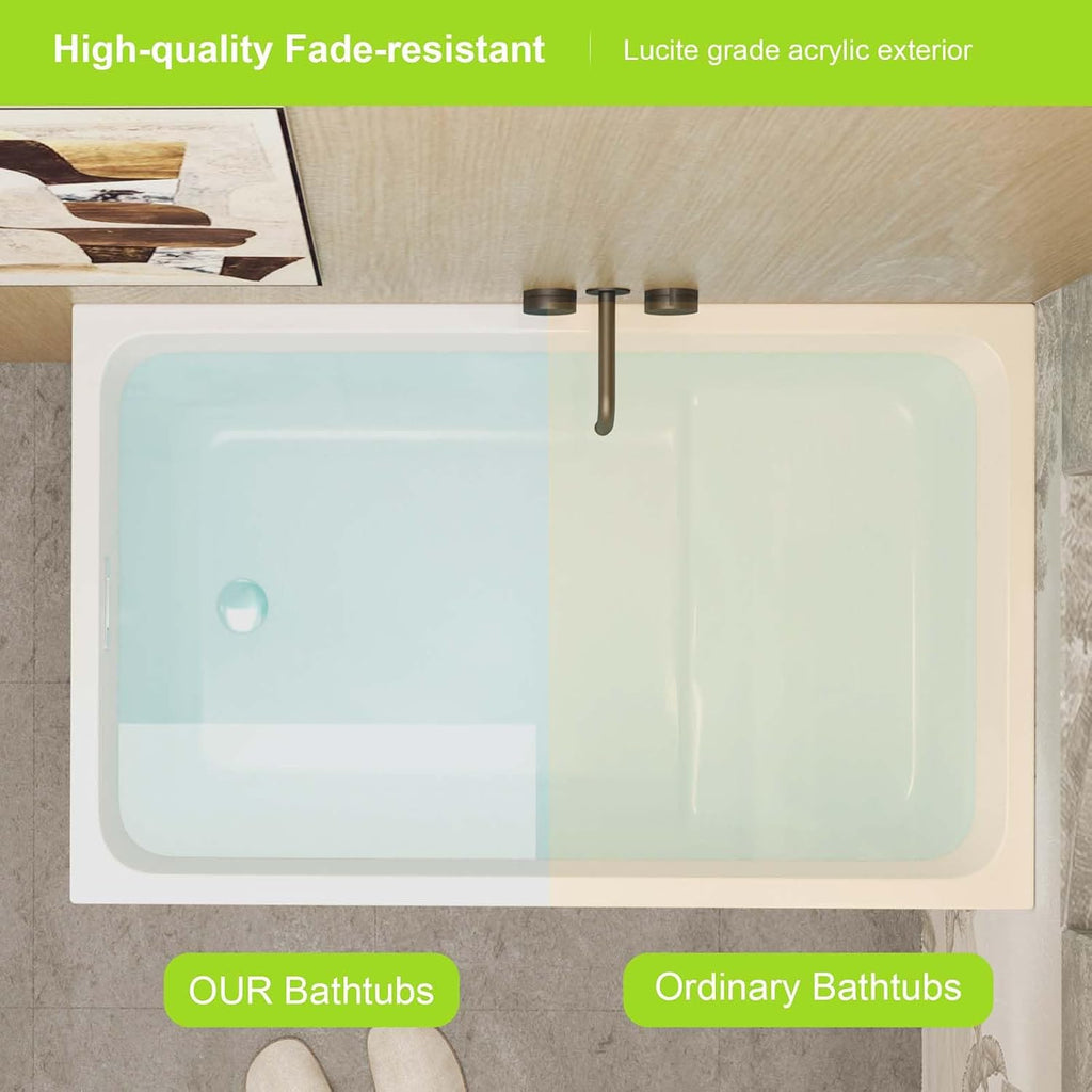 43' Acrylic Freestanding Tub with Seat, Square Shape Soaking Bathtub with Chrome Overflow and Left Drain, Free Standing Acrylic Tubs White