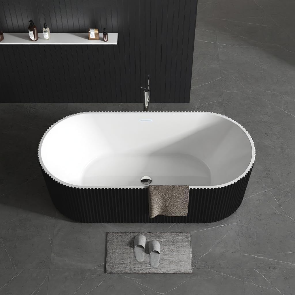 67' Freestanding Bathtub, Acrylic Soaking Tub with V Shape Pleated Design, Chrome Drain & Classic Slotted Overflow, CUPC Certified, Black and White for Modern Bathroom