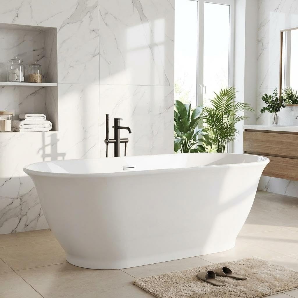 67' Free Standing Tub, Acrylic Soaking Bathtub, Stand Alone Freestanding Tub with Matte Sliver Drain and Overflow, Contemporary Bathtub for Bathroom, Flora
