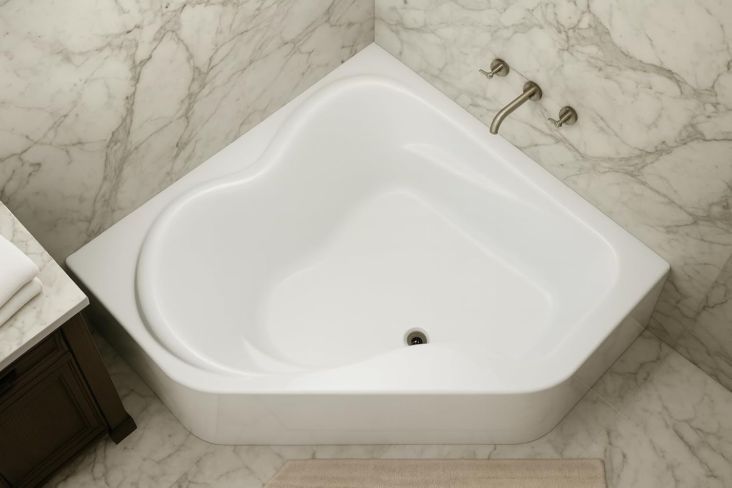 Carver Tubs - CK5959 - Modern Acrylic Fiberglass Soaking Corner Bathtub for Small Bathrooms - White Modern Curved Triangle Acrylic Bath Tub w/Headrest - Deep Relaxing Soak - 59'L x 59'W x 20.5'H