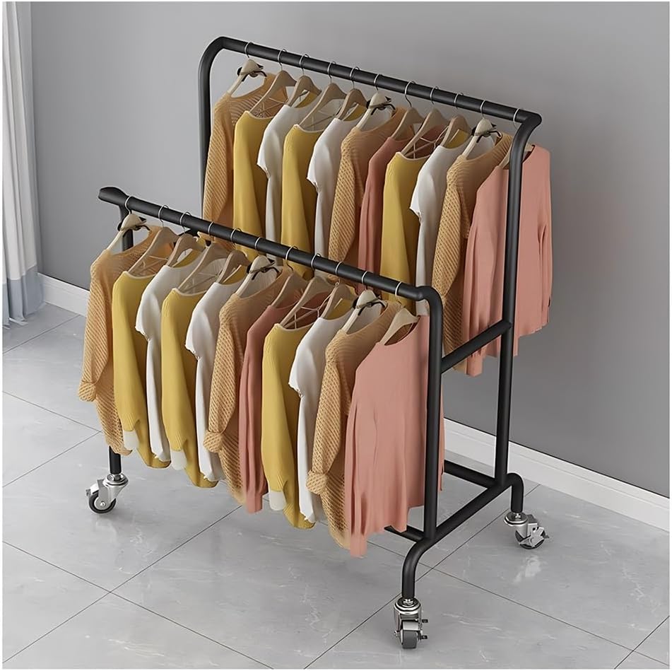 zktoermn Heavy Duty Double Rod Clothes Rack, Clothing Garment Rack On Wheels, Stainless Steel Freestanding Garment Rack, for Bedroom,Living Room,Clothing Store(Black-A,150x50x155 cm)