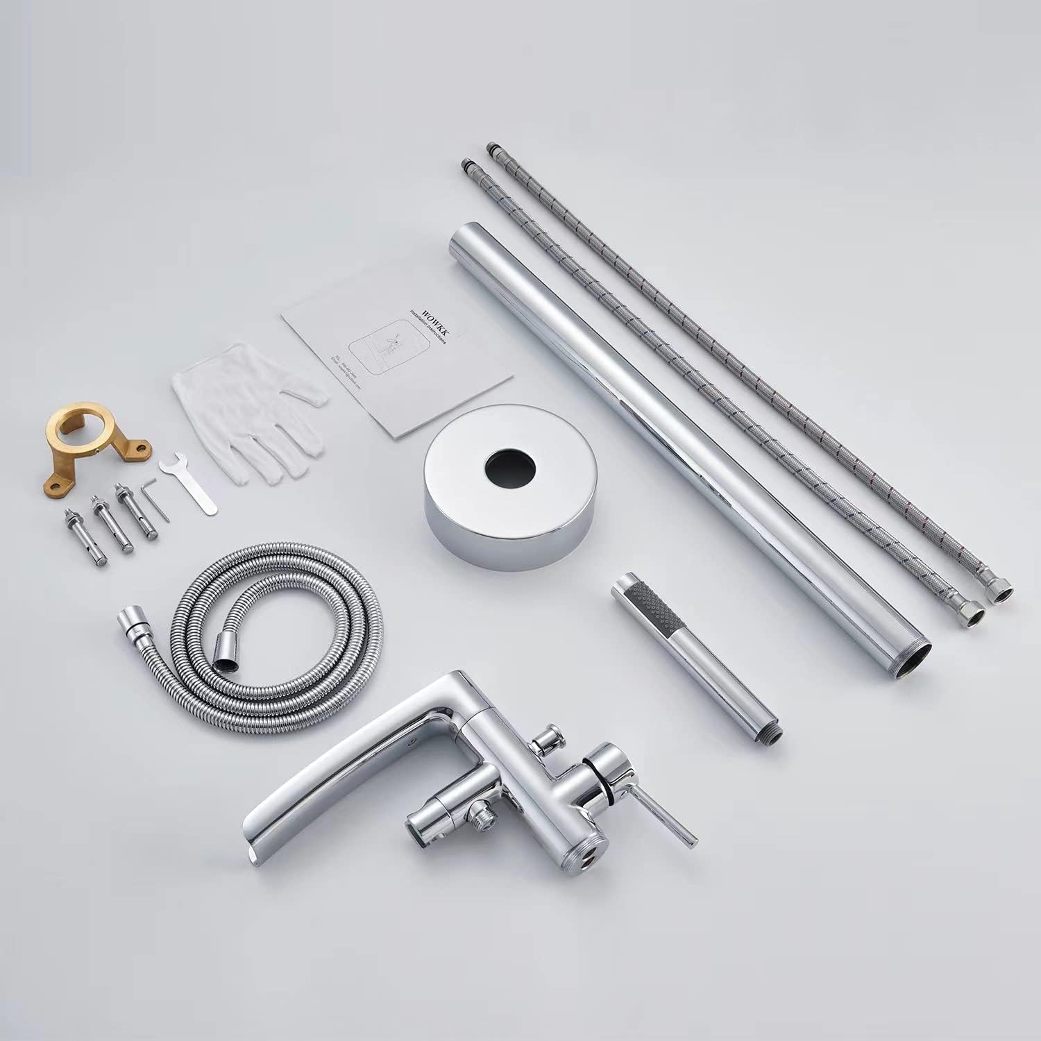 Wowkk Waterfall Freestanding Bathtub Faucet Chrome Floor Mount Tub Filler Brass Single Handle Bathroom Faucets with Hand Shower