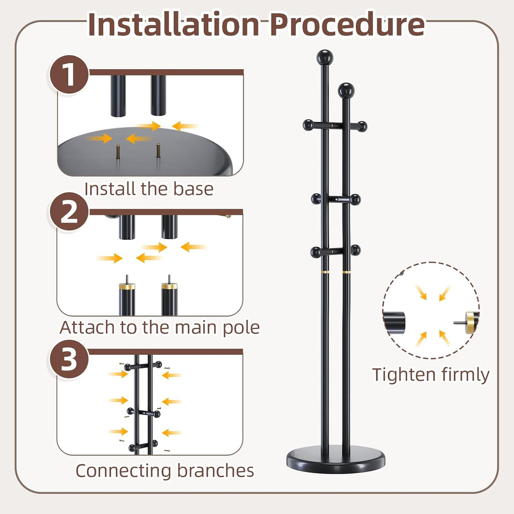 CozyDH Coat Rack Wooden Freestanding - Wood Coat Rack Freestanding Heavy Duty, Wooden Coat Stand with 6 Hooks Creative Look for Entryway, Hallway, Bedroom (Black)
