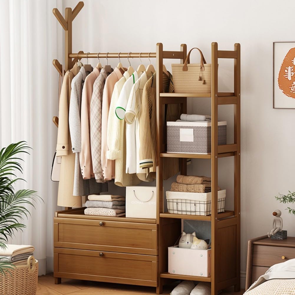 Freestanding Bamboo Clothes Rail - Modern Open Wardrobe with Drawers | Small Free Standing Garment Rack for Bedroom (A 70cm)