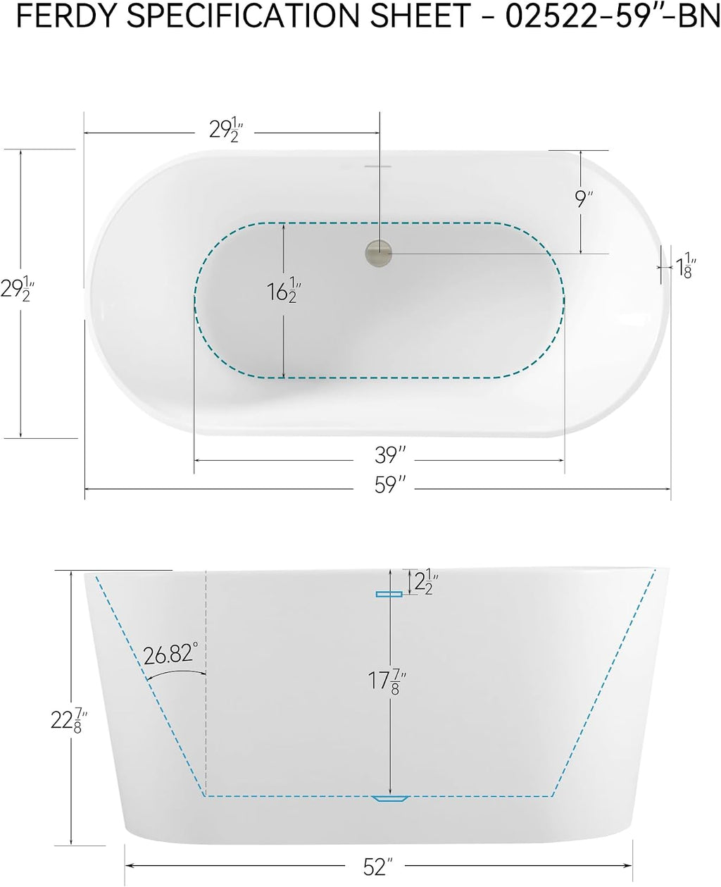 FerdY Shangri-La 59' Acrylic Freestanding Bathtub, Gracefully Shaped Soaking Bathtub, White, cUPC Certified, Brushed Nickel Drain & Bath Pillow for Bathtub,Thick Tub Pillows, Breathable 4D Air Mesh