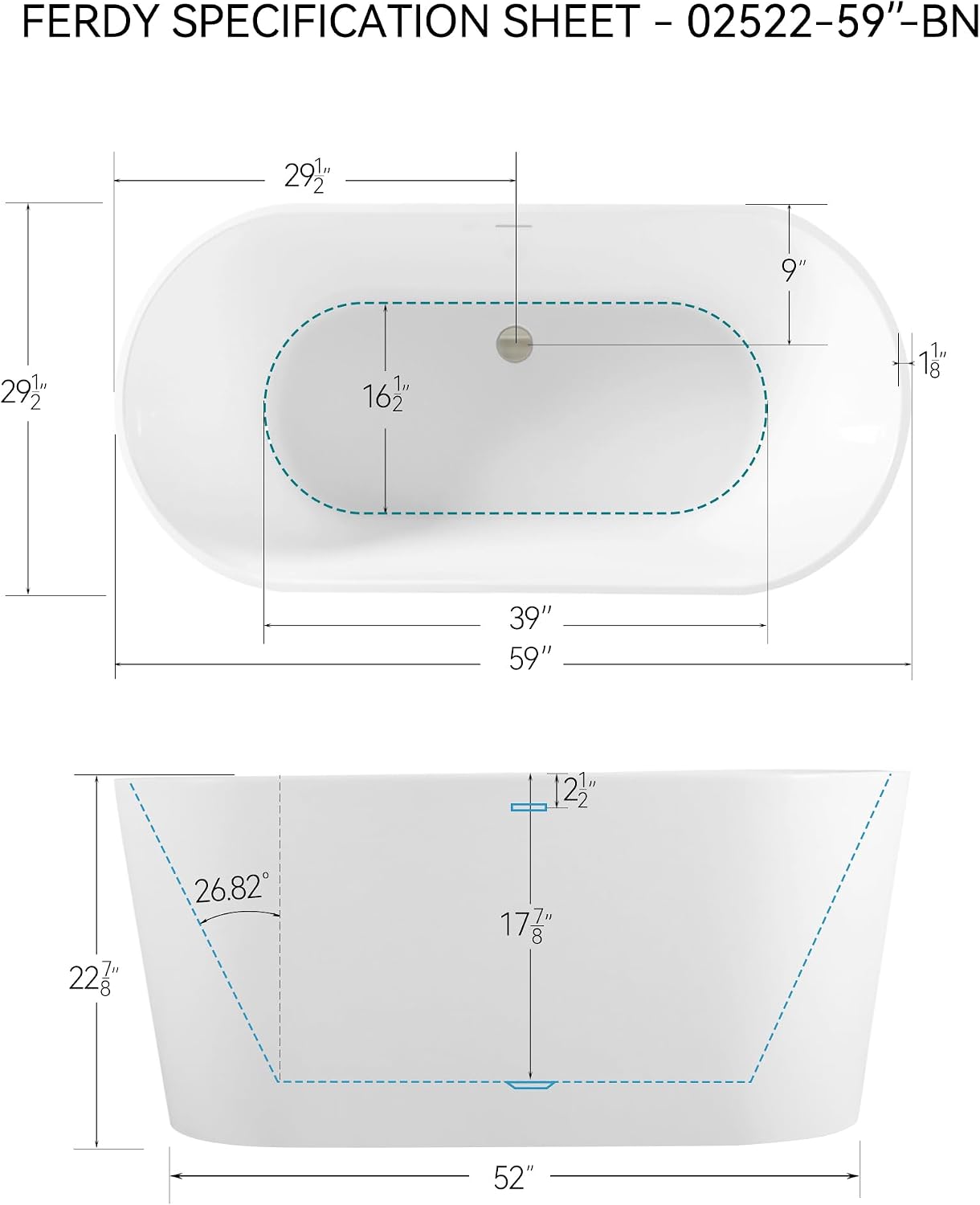 FerdY Shangri-La 59' Acrylic Freestanding Bathtub, Gracefully Shaped Soaking Bathtub, Glossy White, cUPC Certified, Brushed Nickel Drain &FerdY Back Scrubber for Shower,Long Handled Loofah on a Stick