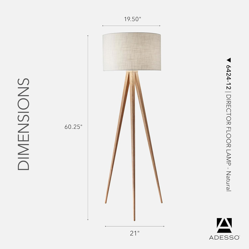 Adesso Floor Lamp with Natural Oak Veneer and Off-White Fabric Lampshade – 3-Way Adjustable Brightness, Lamp for Bedroom, Living Room, and House Décor, 60.25' x 21'