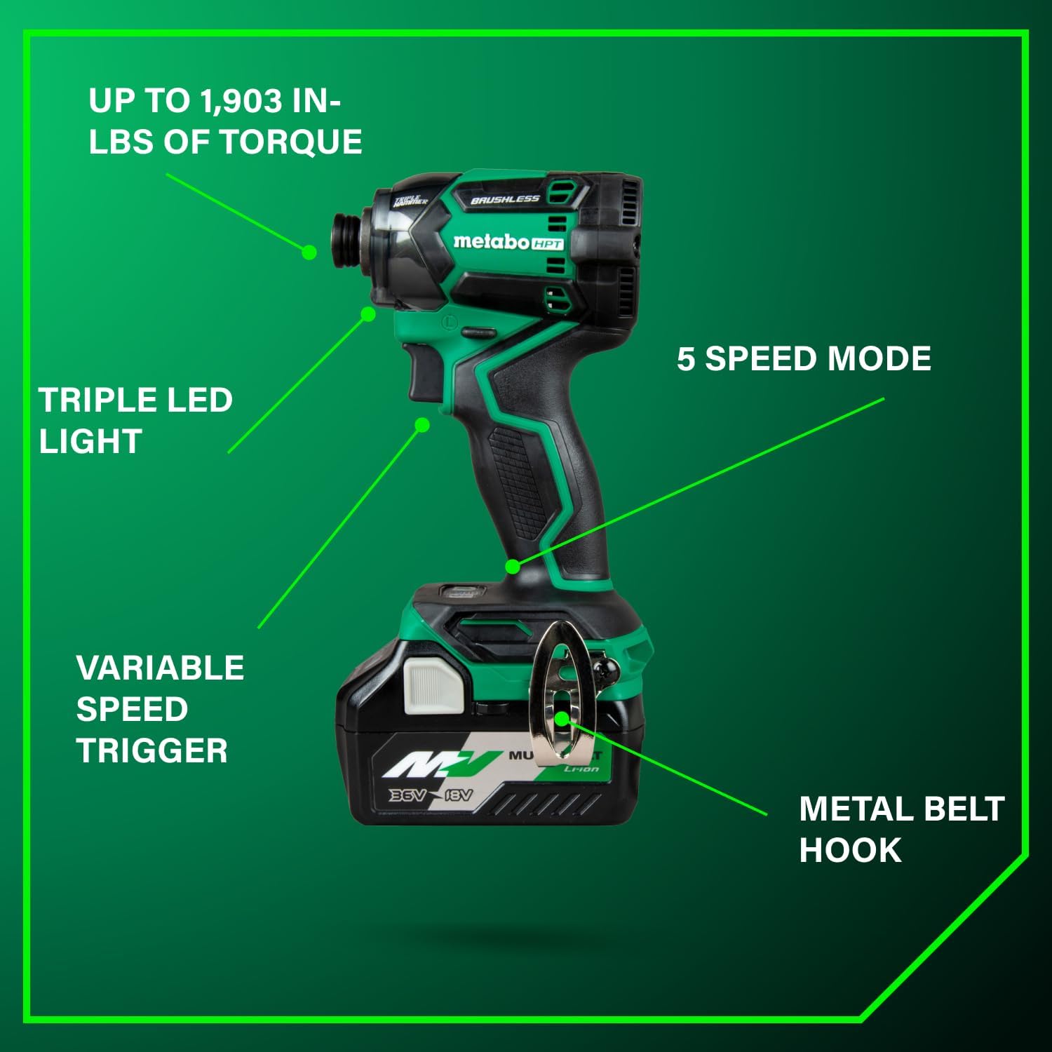 Metabo HPT 36V MultiVolt™ Cordless Triple Hammer BOLT Impact Driver Kit, High Torque Impact Driver with Case, 2 MultiVolt Batteries, 1/4-Inch Chuck, Compact Lightweight Power Tool, WH36DC