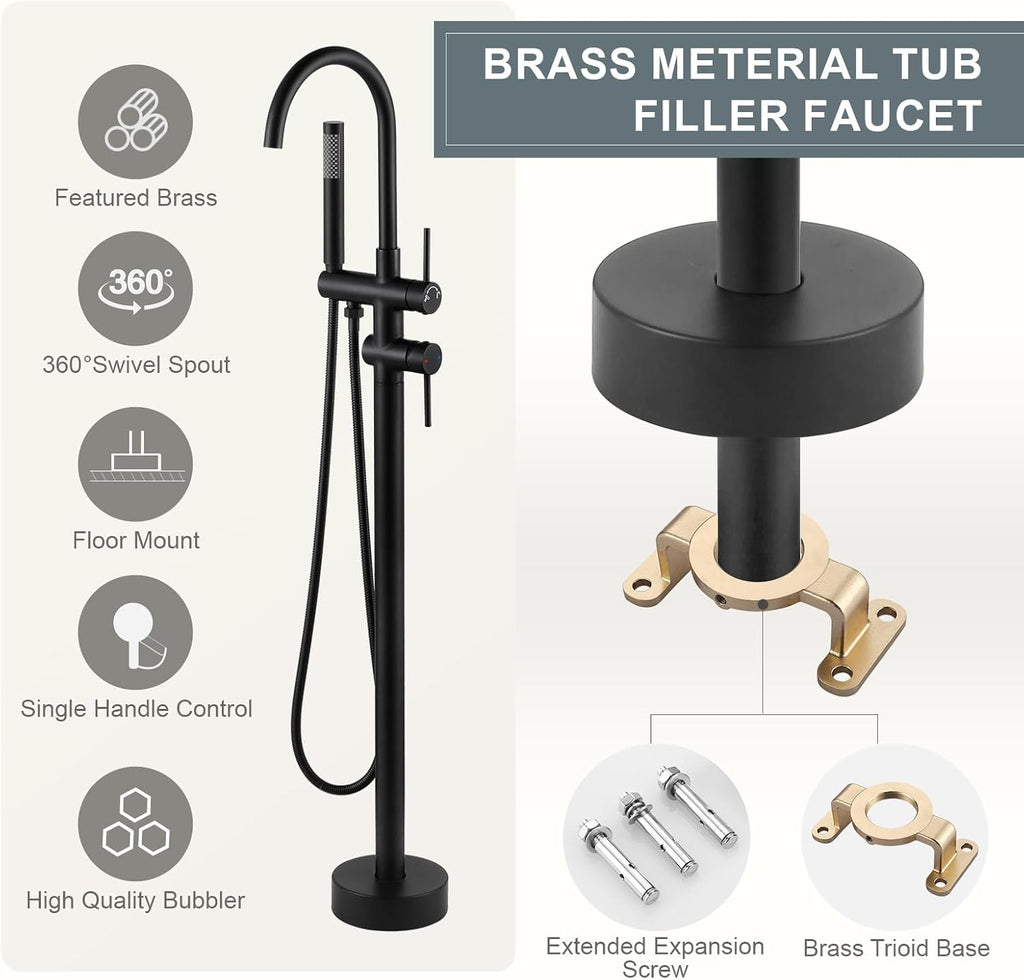 Freestanding Tub Filler Faucet, Floor Mount Matte Black Bathtub Faucet with Single Handheld Shower, Brass Shower Tub Faucet Set Complete, Bathtub Faucet with Shower
