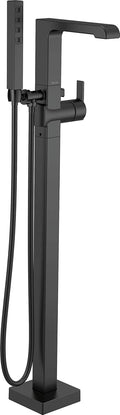 Delta Faucet Ara Floor Mount Tub Filler - Freestanding Roman Tub Spout with Handheld Shower - Flexible Shower Hose - Double Check Valves - Matte Black, T4767-BLFL (Rough Sold Separately)