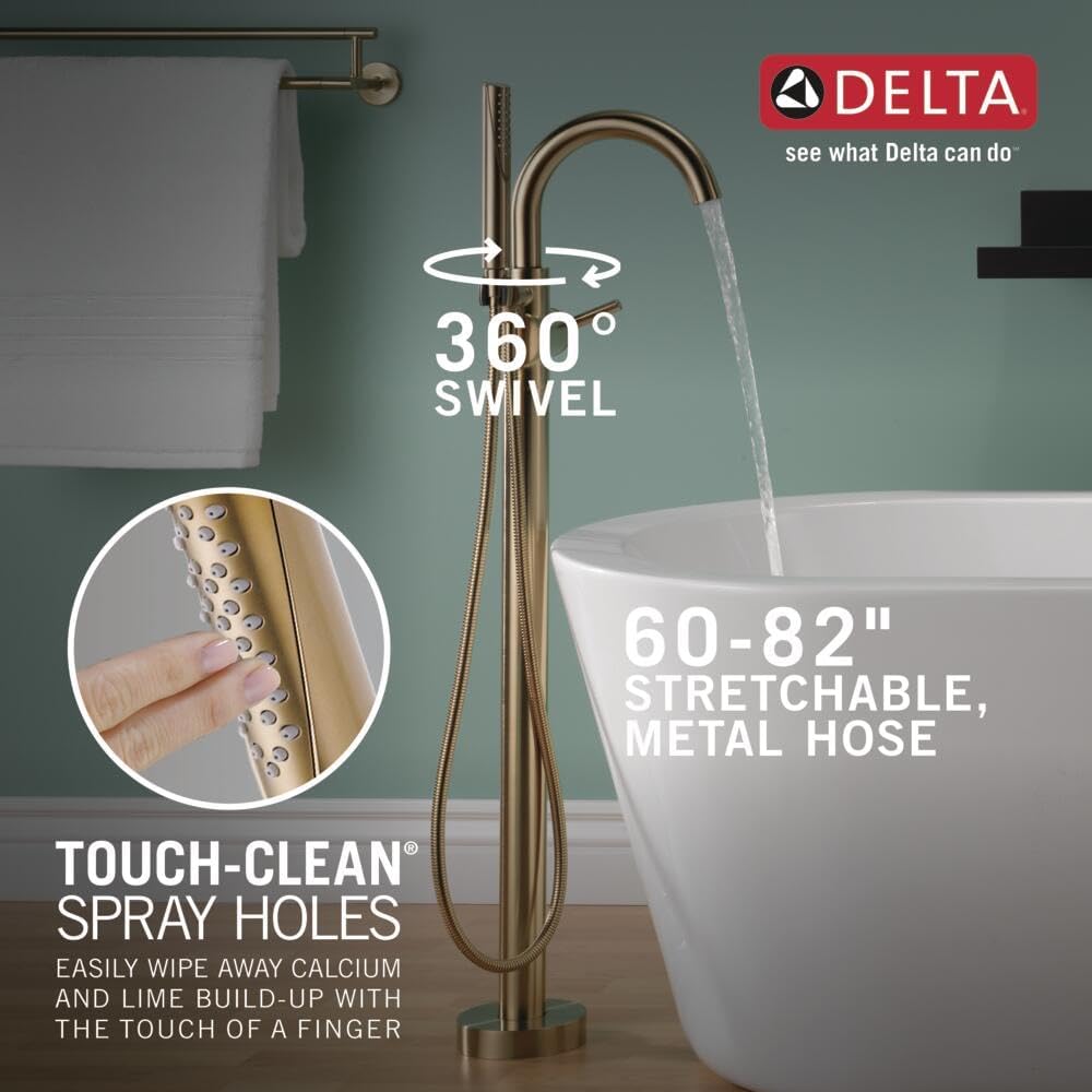 Delta Faucet Trinsic Floor Mount Tub Filler - Freestanding Roman Tub Spout with Handheld Shower - Flexible Shower Hose - Double Check Valves - Champagne Bronze, T4759-CZFL (Rough Sold Separately)