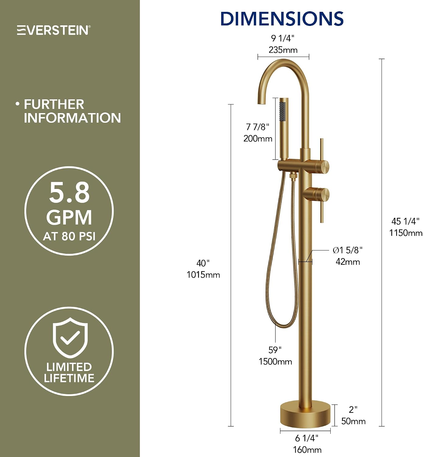Freestanding Bathtub Faucet with Dual Handle Brass Tub Filler, Floor Mount Gooseneck Swivel Spout and Handheld Shower, Brushed Gold