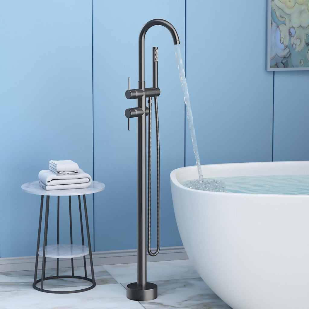 Freestanding Bathtub Faucet,Tub Filler Floor Mount Stand Bathtub Faucet Brass Bathroom Tub Faucets with 2 Function Hand Shower Wand Swivel Matte Black