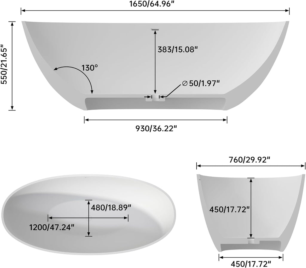 Oval 65' Freestanding Tub, Solid Surface Bathtub Matte White | Free stand Bathtub, Resin Stone Soaking Tub with Overflow and Pop-up Drain, Matte White
