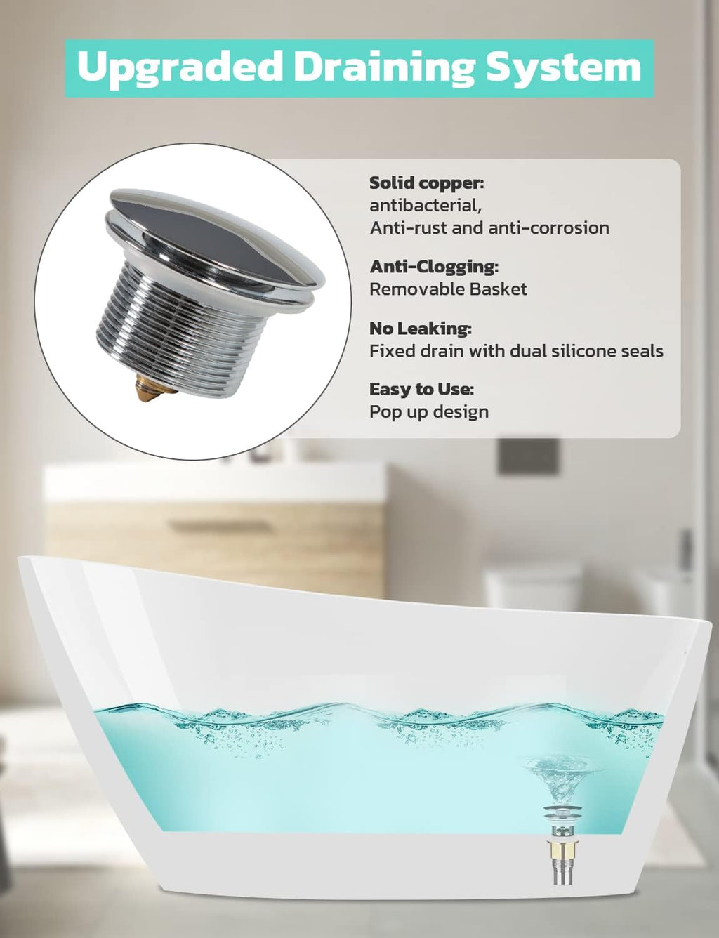 Zevemomo Freestanding Bathtub, 55 inch Acrylic Free Standing Soaking Bathroom Tub with Brushed Nickel-Finished Overflow and Anti-Clogging Drain, Easy Installation