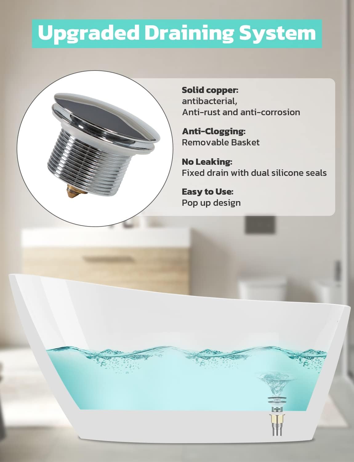 Zevemomo 55 Inch Luxury Freestanding Bathtub, Modern Acrylic Soaking Tub with Anti-slip Design, Brushed Nickel Overflow and Drain, White