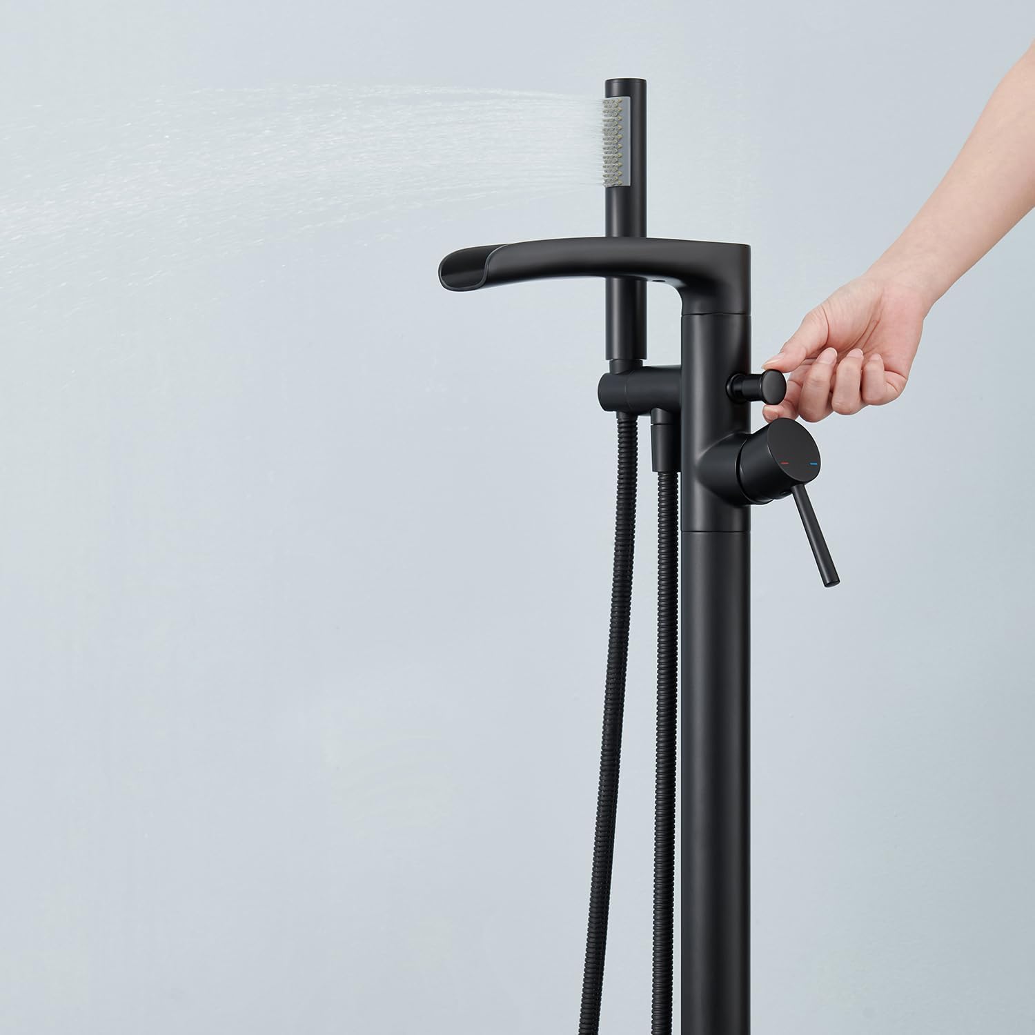 Wowkk Waterfall Freestanding Bathtub Faucet Black Floor Mount Tub Filler Brass Single Handle Bathroom Faucets with Hand Shower