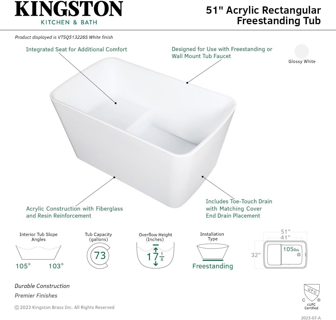 Kingston Brass VTSQ513226S Aqua Eden 51' Acrylic Freestanding Tub with Drain and Integrated Seat, Glossy White