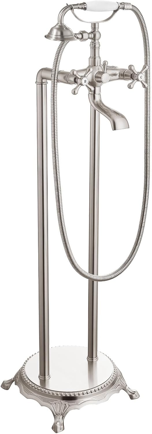 gotonovo Freestanding Bathtub Faucet Floor Mount Tub Filler with Double Cross Knobs 360° Rotation Spout High Flow Floor Standing Bathtub Shower Trumpet Shape Handheld Spray Brushed Nickel