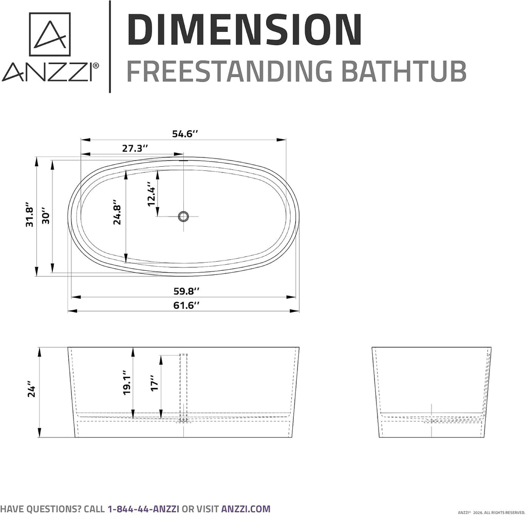ANZZI Freestanding Bathtub 61 In Solid Surface Stone Resin Flat Bottom Soaking Tub Matte White Roccia Series One Piece Oval Design Deep Basin Center Drain Floor Mount Fixture | FT-AZ505