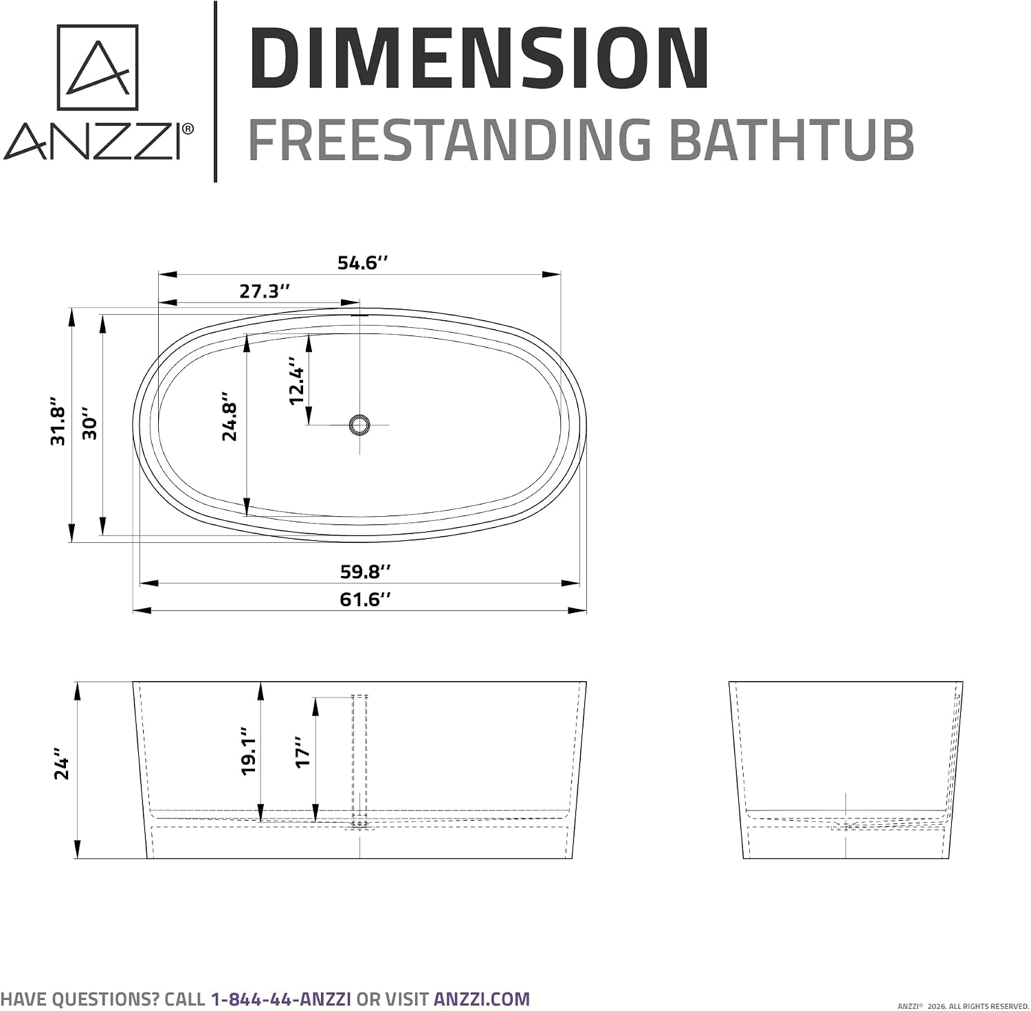 ANZZI Freestanding Bathtub 61 In Solid Surface Stone Resin Flat Bottom Soaking Tub Matte White Roccia Series One Piece Oval Design Deep Basin Center Drain Floor Mount Fixture | FT-AZ505