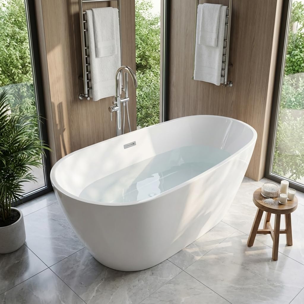 67 Inch Acrylic Freestanding Bathtub, Deep White Oval Pearl-Shape Soaking Tub, Modern Stand Alone Bathtub with Non-Slip Base, Chrome Overflow & Pop-Up Drain, Easy Assembly for Bathroom, Home, Spa