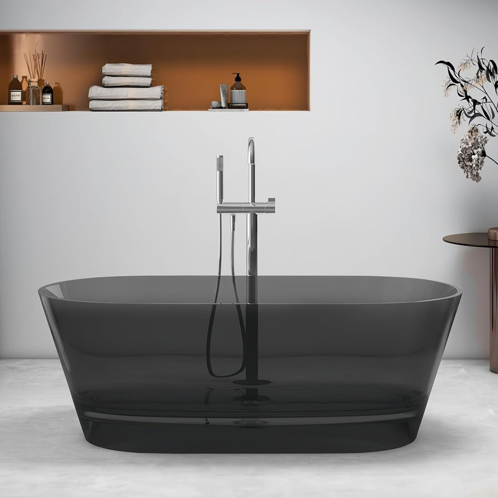 55' Edeyeu Freestanding Bathtub - Luxury Natural Resin Solid Surface Bathtub, Extra Deep Soaking Tub With Artistic Translucent Design, High-End Stand Alone Free Standing Tub Black