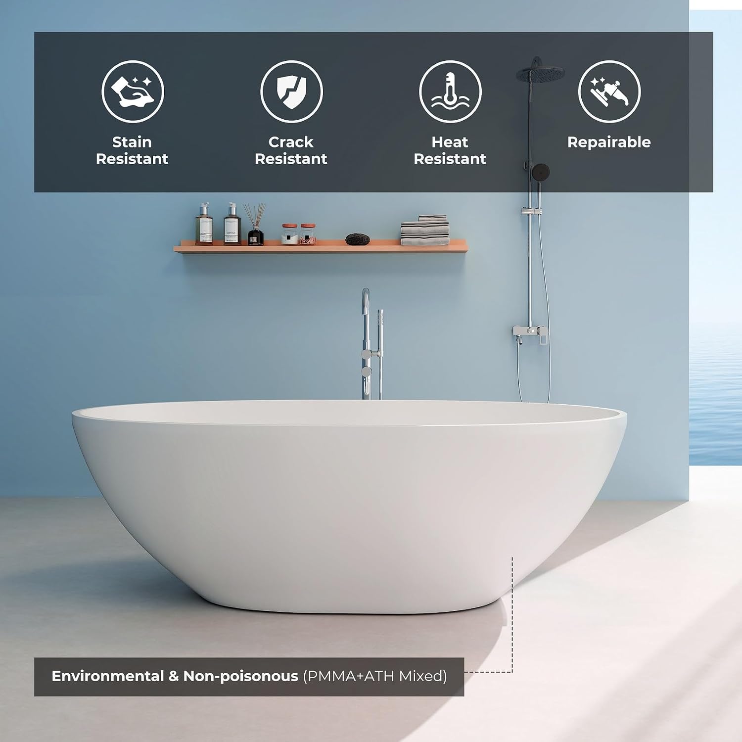 71' Premium Solid Surface Freestanding Bathtubs, Oval Stone Resin Tub with Overflow and Pop-up Drain, Matte White